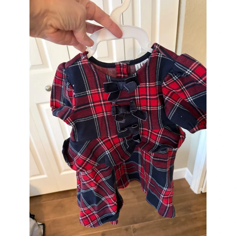 Janie and Jack Red Navy Plaid Holiday Dress Velvet Bows Peplum 18-24 Months